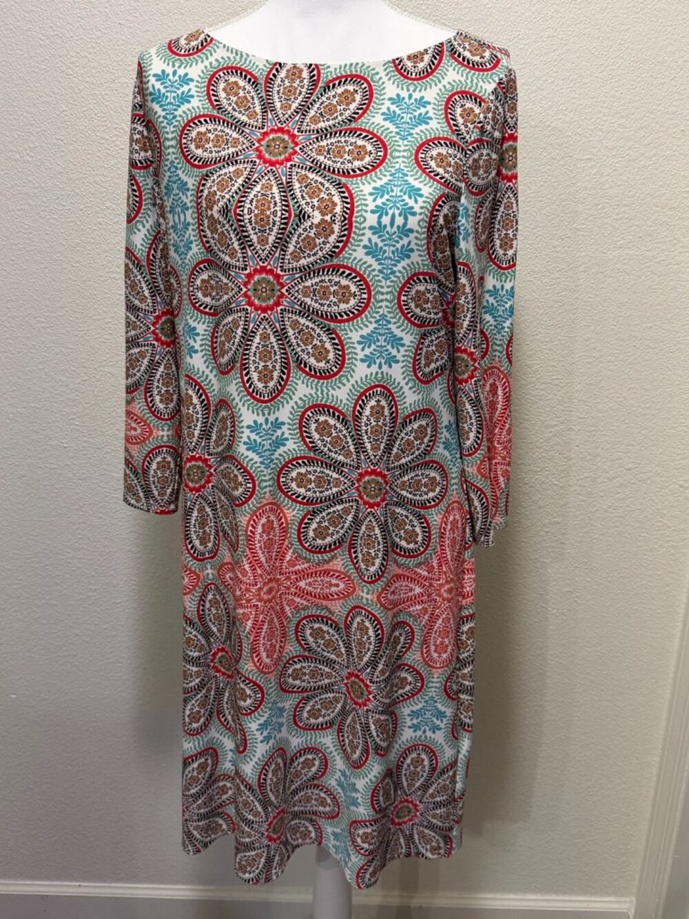 London Style Collection multi color sheath dress, 3/4 length sleeves, size 14